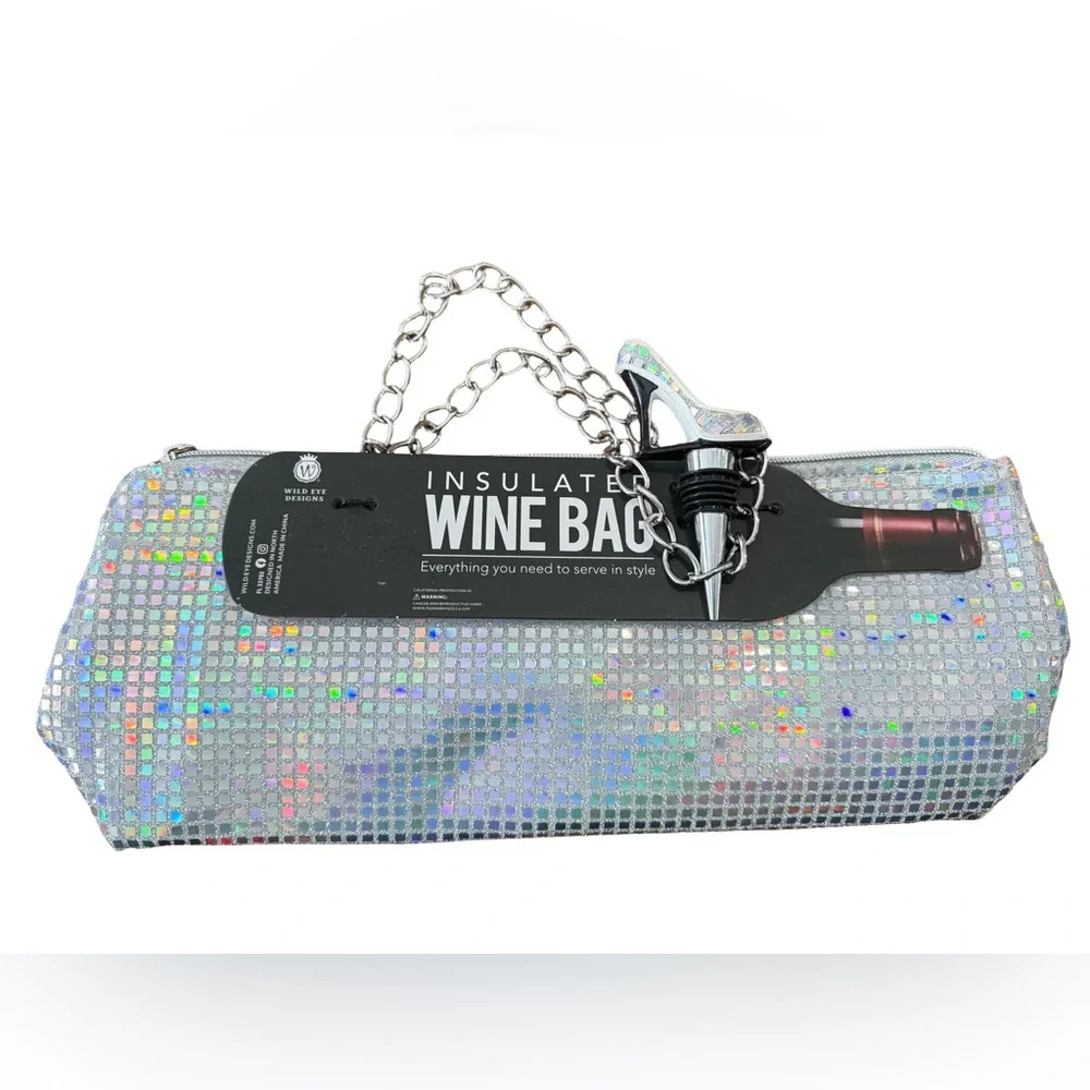 Insulated Silver Sparkle Wine Bag High Heel Bottle Stop Disco Ball Effect